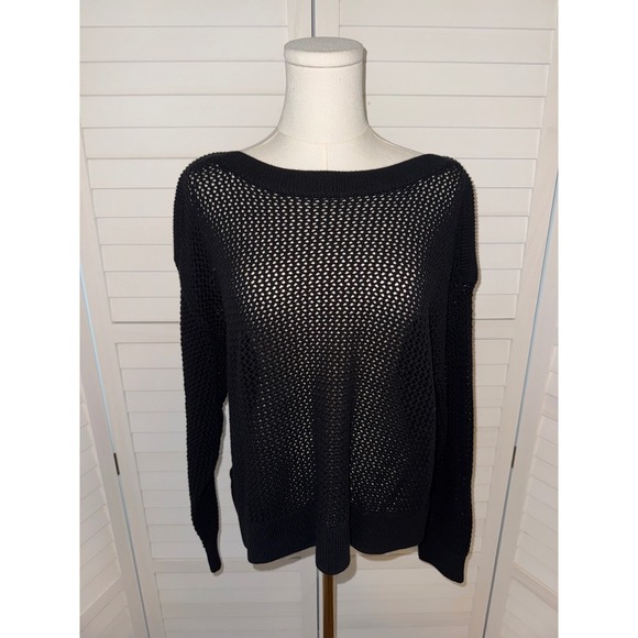 Old Navy Black Open Knit Sweater Womens Medium Boat Neck Long Sleeve - Picture 1 of 7